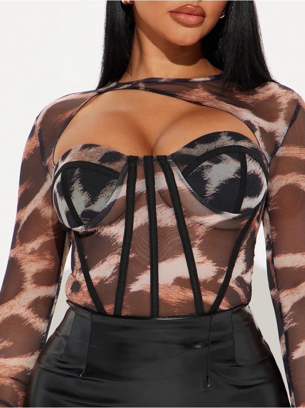 Fashion Nova Sheer Animal-Print Bustier Top in Brown and Black
